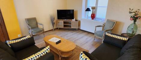 Télévision, table de tennis de table, livres, chaîne hi-fi