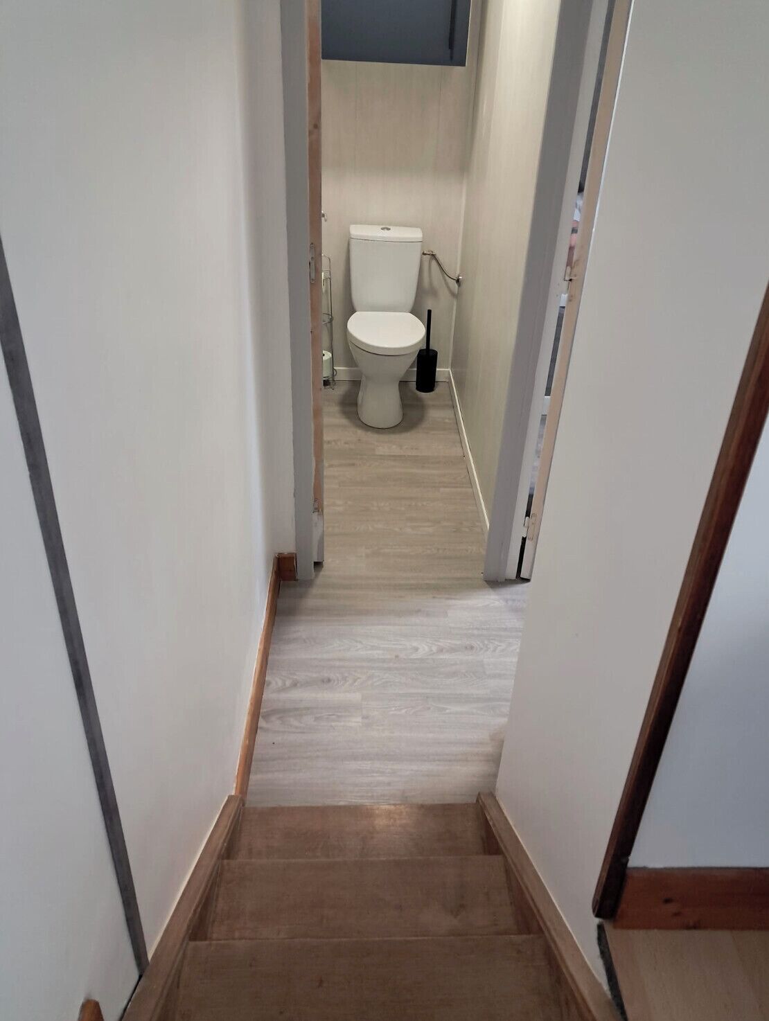 Ein schmaler Flur führt zu einem Badezimmer mit Toilette und Holzboden.