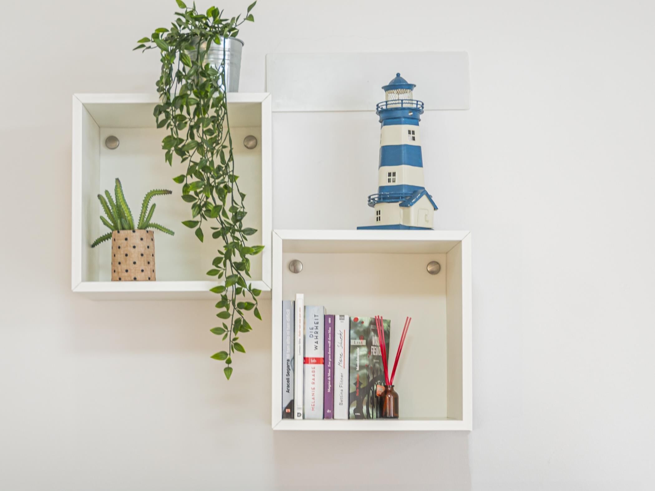 Deux étagères blanches : l’une porte un pot de fleurs et une plante grimpante suspendue, et l’autre est ornée de livres et d’un petit vase contenant des tiges rouges.