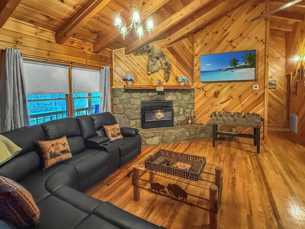 TV, fireplace, foosball