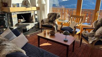 TV connectée, cheminée, livres