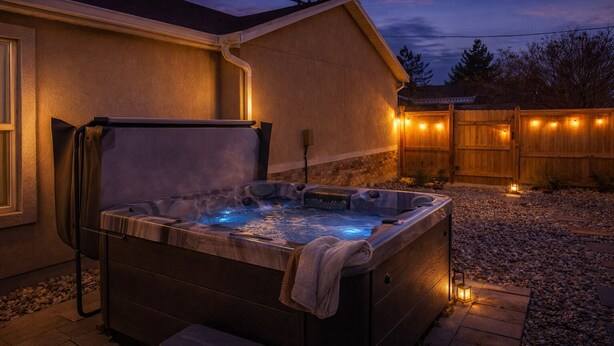 A hot tub in a backyard with a wooden fence and string lights. - Hot Tub Getaway and Quiet Home Near Downtown SLC (South Salt Lake)