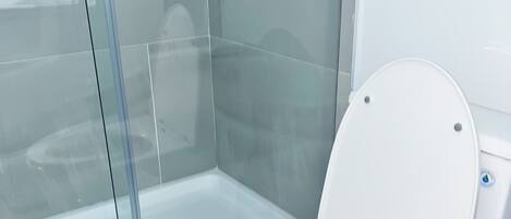 A modern bathroom with a glass shower enclosure, a white toilet, and a visible water meter.