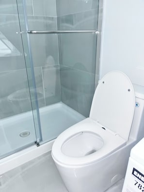 Secadora de cabello, toallas, jabón, papel de baño