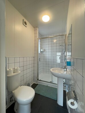 Douche, séchoir à cheveux, serviettes fournies, papier de toilette