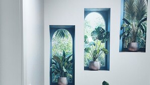 Ein Zimmer mit einem Glastisch, einem Blumentopf und drei gerahmten Pflanzenbildern an der Wand.