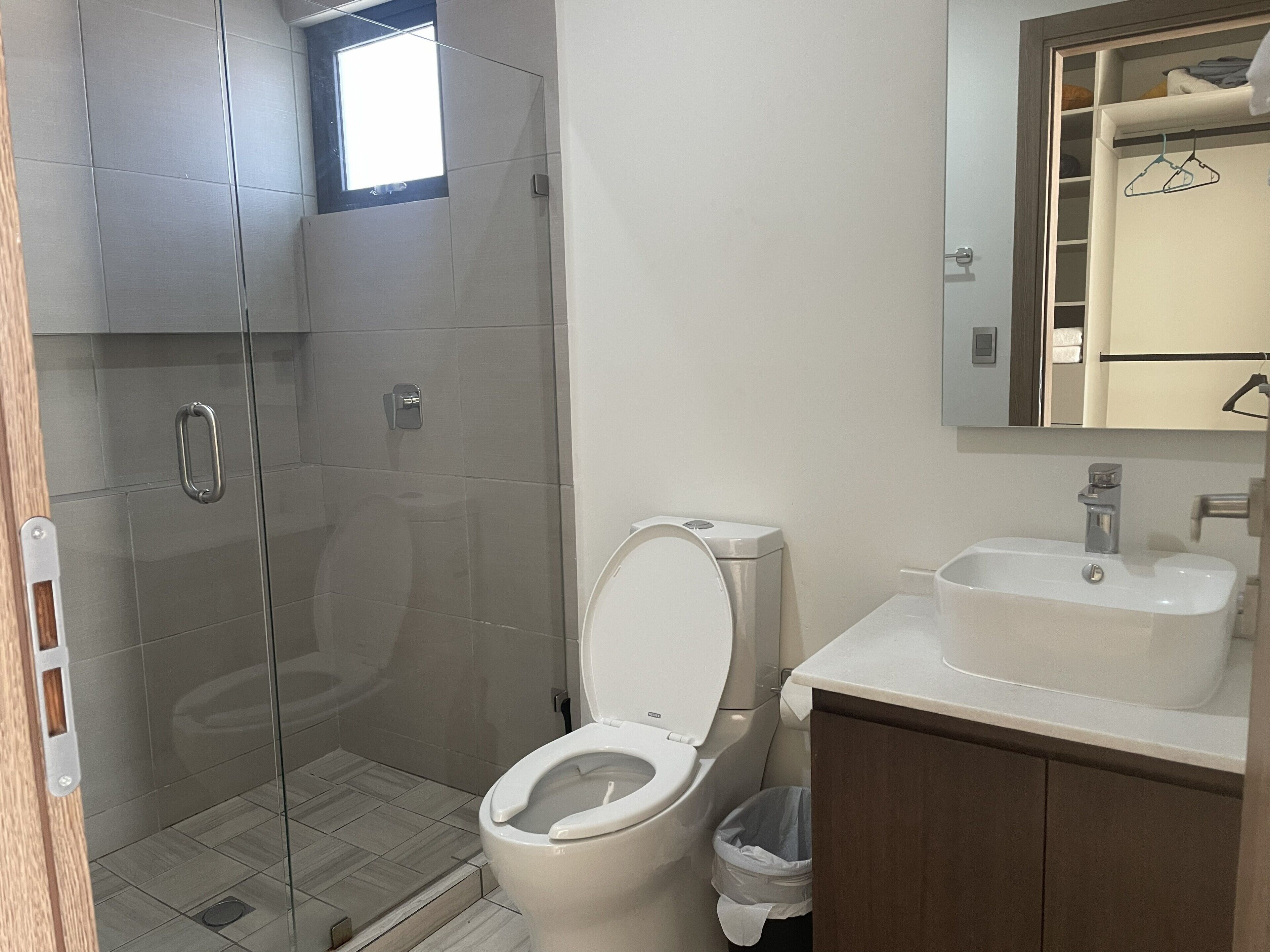 A modern bathroom with a glass-enclosed shower, a toilet, a sink, and a mirror above the sink.