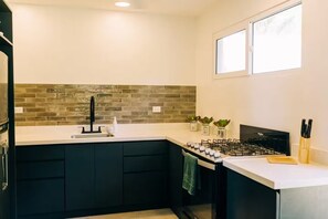 Fridge, oven, stovetop, coffee/tea maker