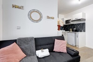 A modern living room with a grey sofa, a small kitchen area with a microwave and a refrigerator, and a wall-mounted mirror. - Elegance et modernite - Parc de la Villette (Paris)
