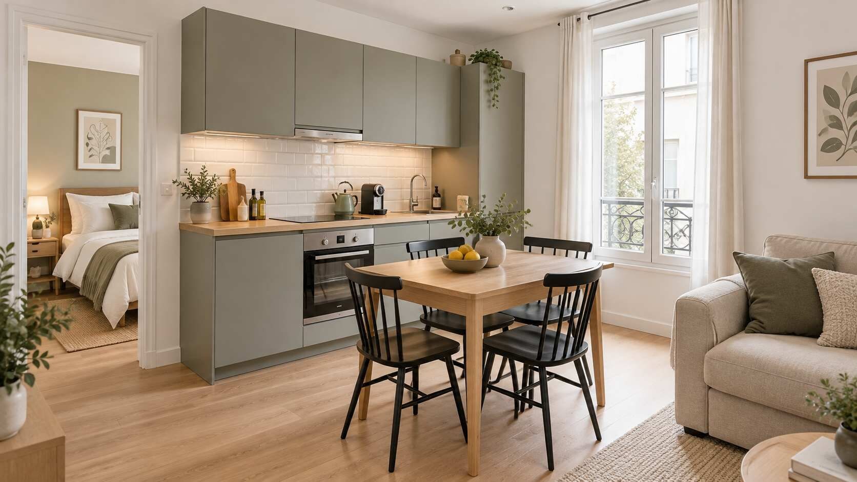 A modern kitchen with grey cabinets, a wooden dining table, and black chairs.