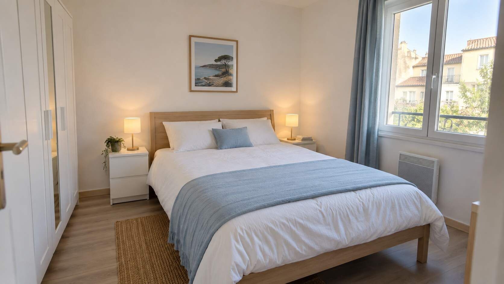 Une chambre à coucher avec un lit, des tables de chevet, une commode, une fenêtre avec des rideaux et un tableau au mur.