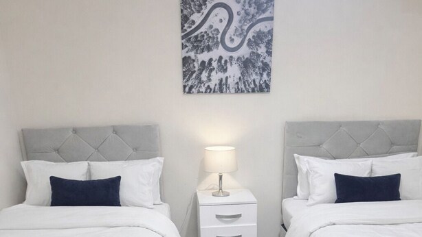 Een hotelkamer met twee bedden, een nachtkastje met een lamp en een kunstwerk aan de muur.