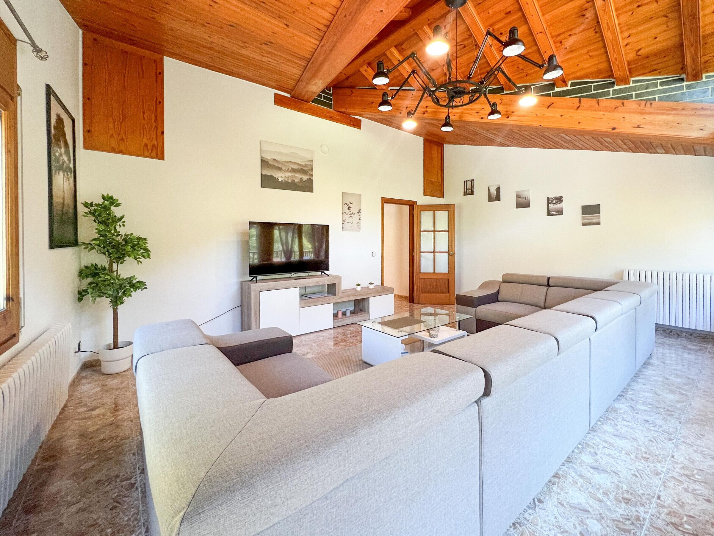 Un salon moderne avec un canapé d’angle, un téléviseur à écran plat, une plante en pot et un plafond en bois.