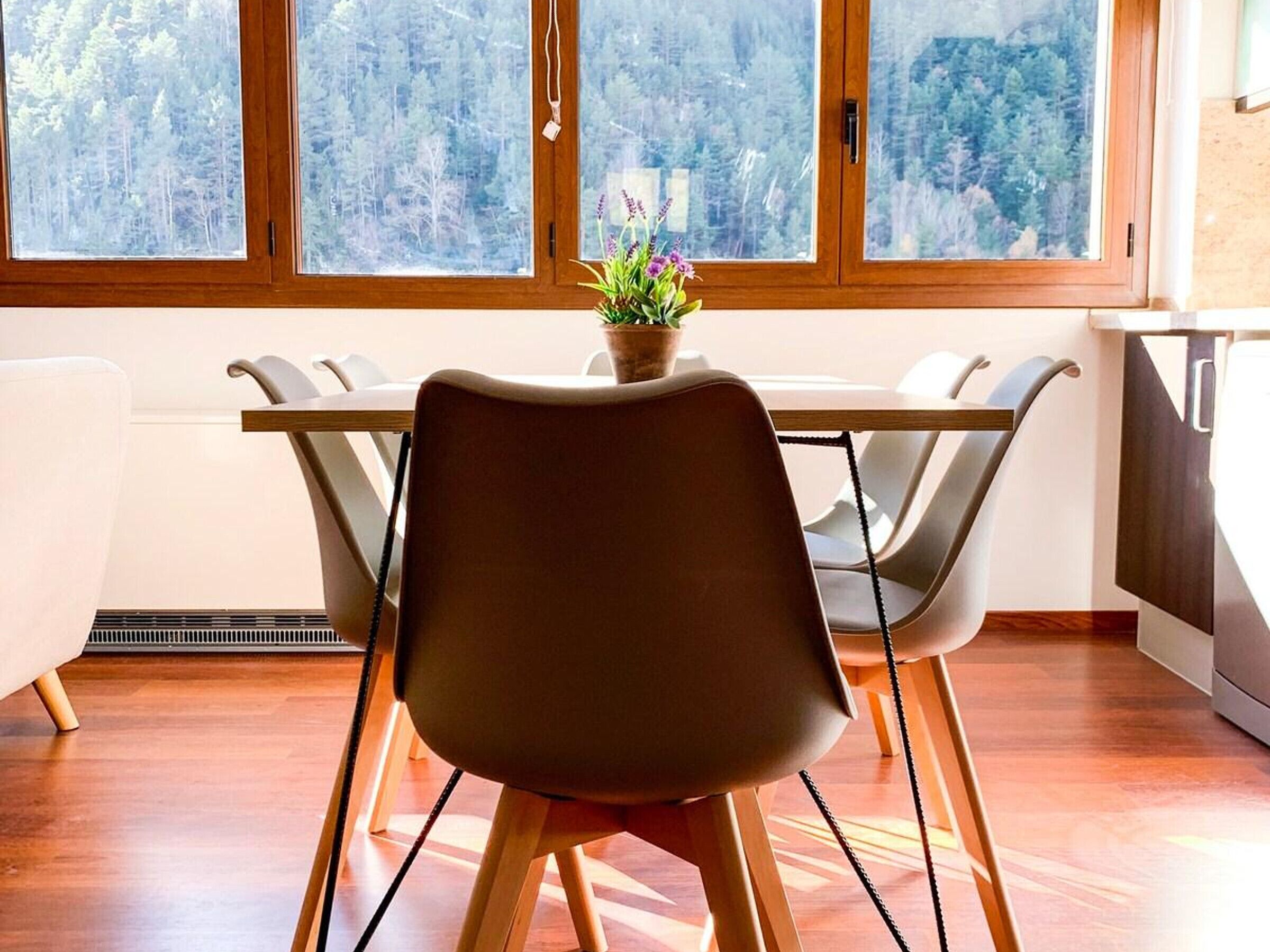 A dining area with a wooden table, chairs, and a potted plant.