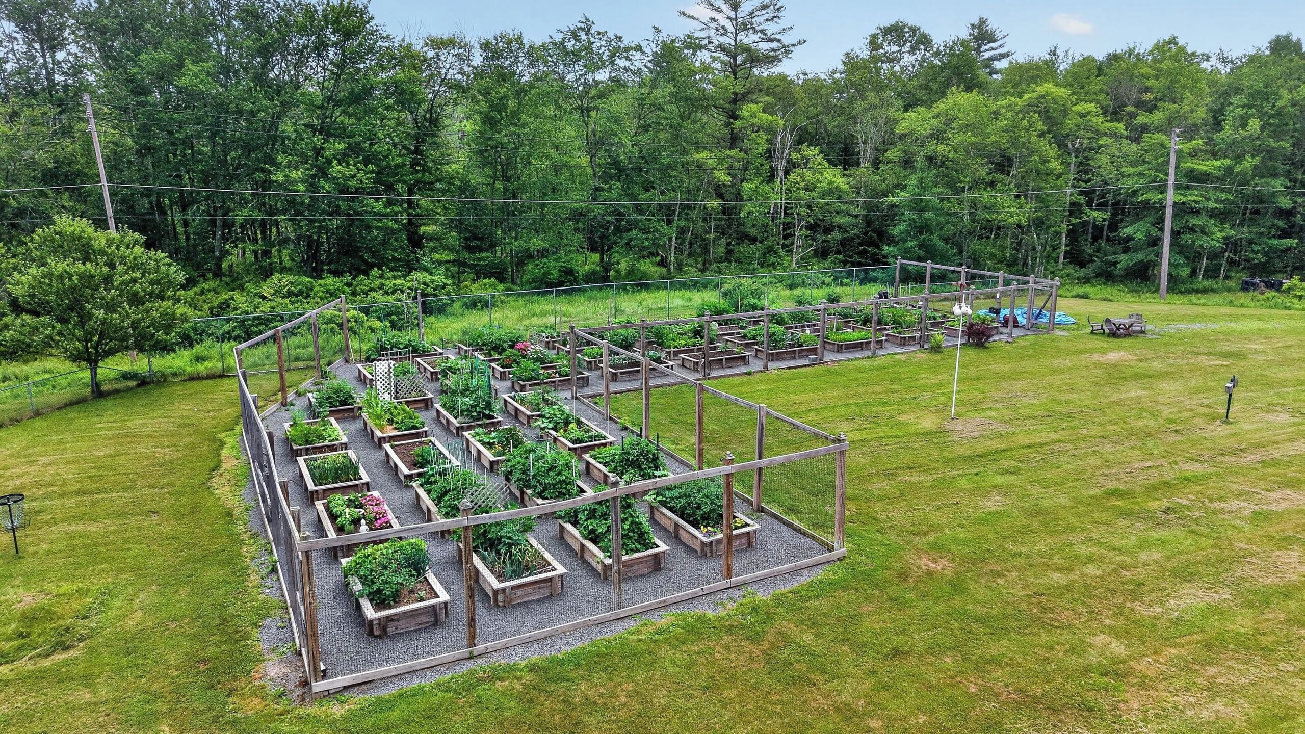 Un giardino con aiuole rialzate e una recinzione in legno.