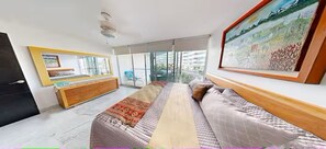 Ein modernes Schlafzimmer mit Bett, Kommode, großem Fenster und einem Bild an der Wand.