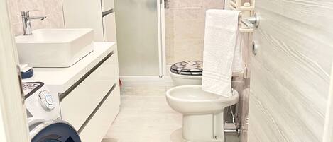 Hair dryer, towels, soap, toilet paper