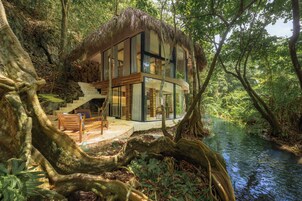 A modern house with a thatched roof, built into a cliffside overlooking a river.
