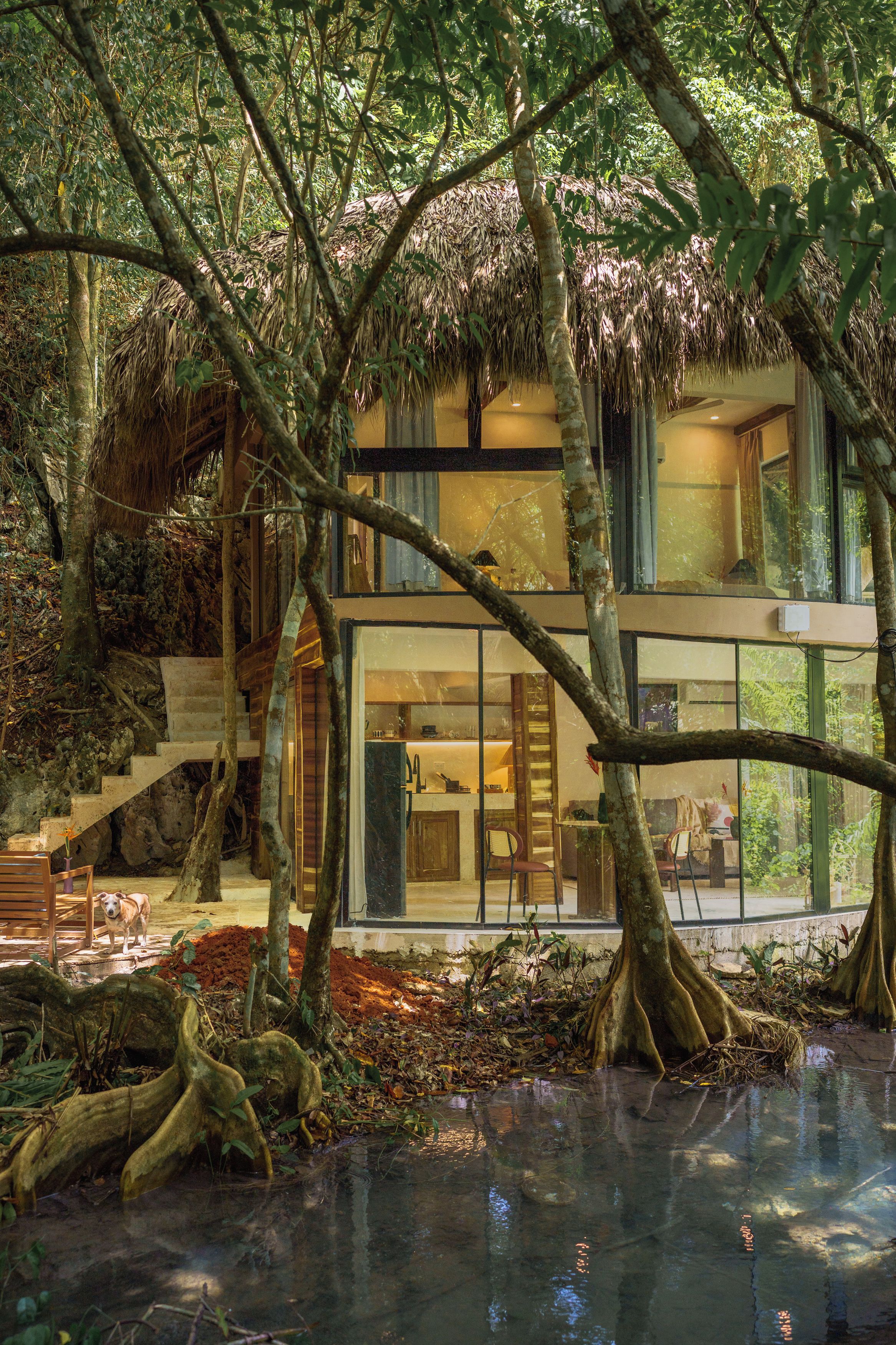 Uma casa moderna com fachada de vidro, rodeada por árvores e um lago.