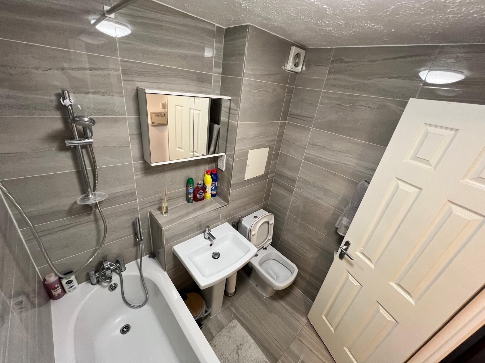 Hair dryer, bidet, towels, soap