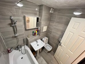 Hair dryer, bidet, towels, soap