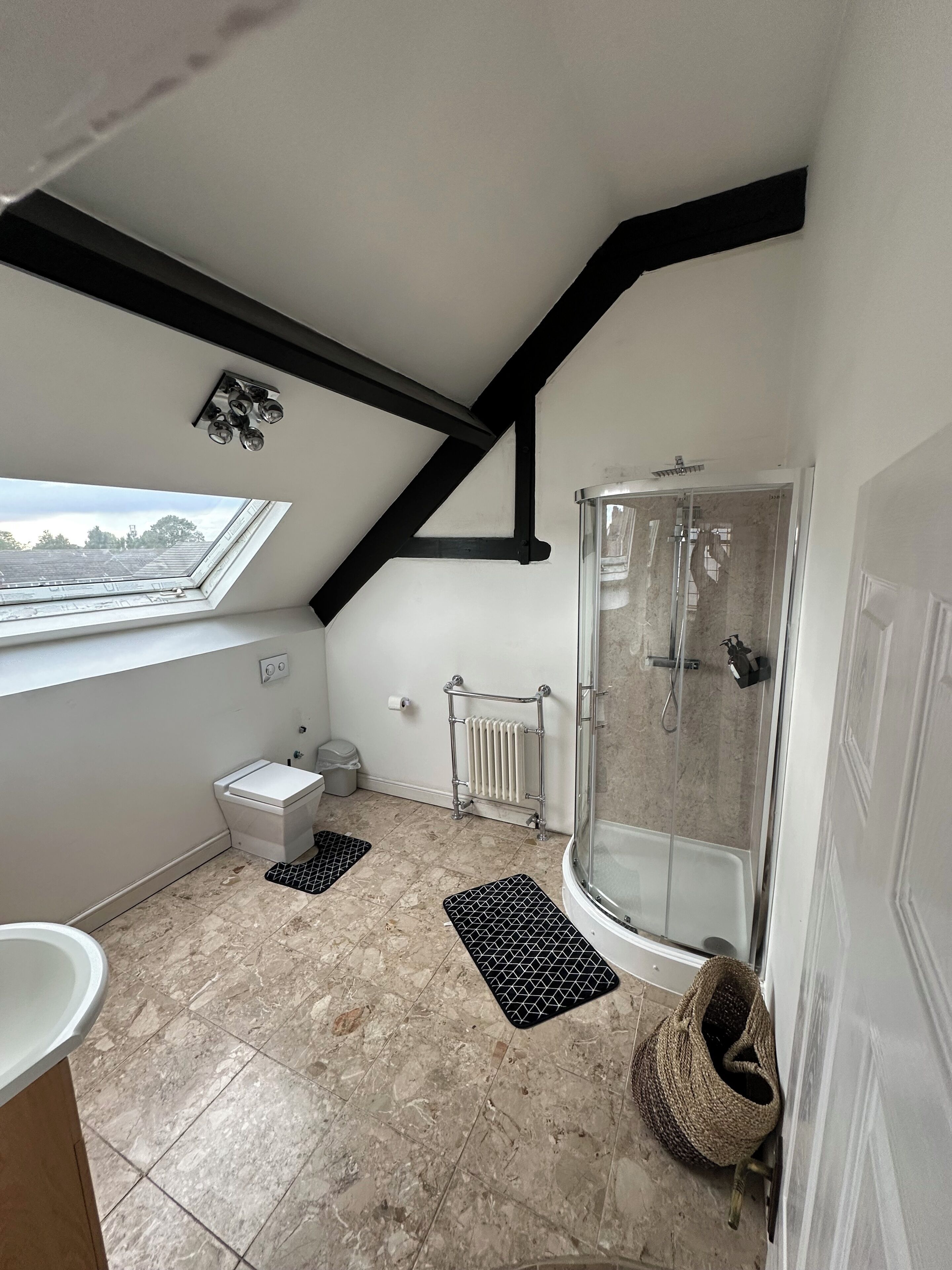 Une salle de bain moderne avec un puits de lumière, une douche et des toilettes.