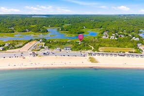 Luftaufnahme einer Küstenlandschaft mit Strand, einer Marina und einem dichten Wald.