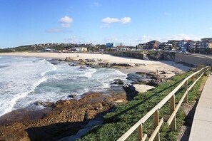 A coastal promenade with a rocky shoreline, a walking path, and residential buildings in the background. - Stylish Getaway Studio Hidden in Kingsgrove (Kingsgrove)