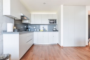 Fridge, microwave, stovetop, coffee/tea maker