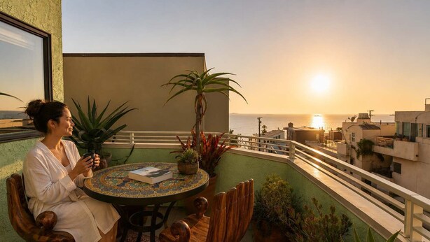 Ein Balkon mit Blick aufs Meer, ein runder Tisch mit einem Buch und Topfpflanzen.