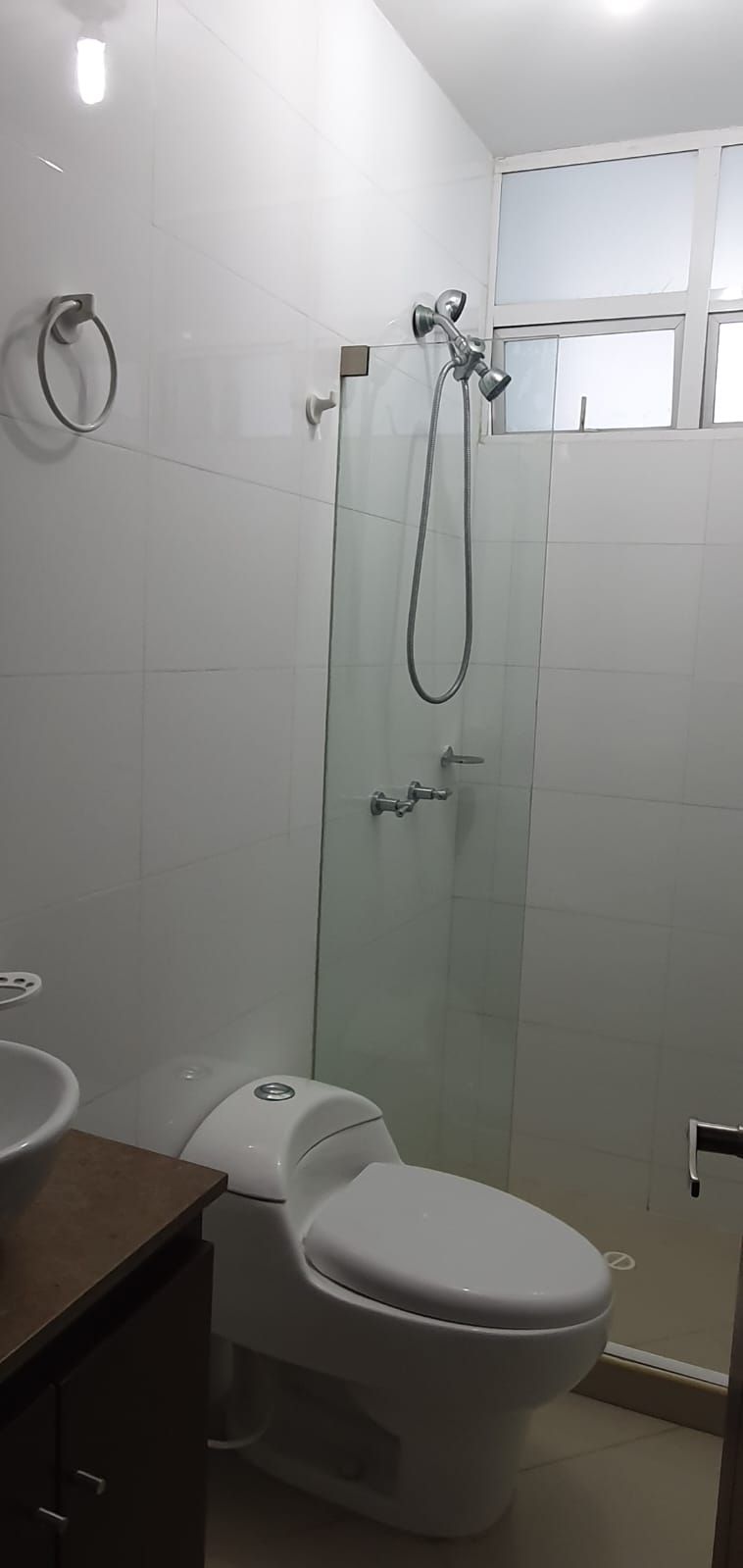 A bathroom with a toilet, a glass-enclosed shower, and a sink.