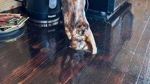 A wooden sculpture on a polished wooden table with a kettle and a coffee maker in the background.