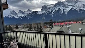 Un balcon avec vue sur des montagnes enneigées, une table en bois et une plante en pot.