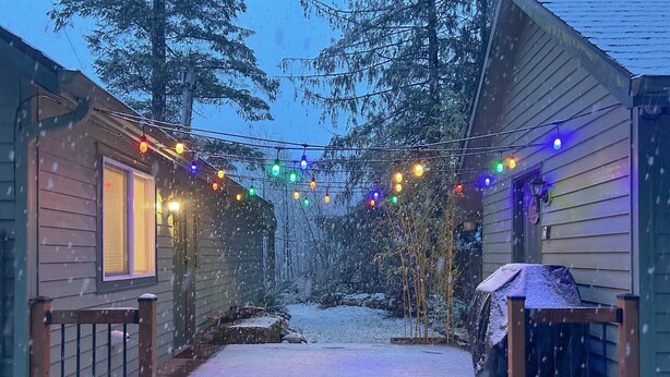 Un sendero cubierto de nieve que lleva a una cabaña con luces de colores.