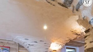 A cozy interior with a stone wall, a sofa, a bear sculpture, and a kitchen visible through an archway. - LE GITE DE LA MONTAGNETTE (BEAUNE)