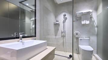 Shower, free toiletries, hair dryer, slippers