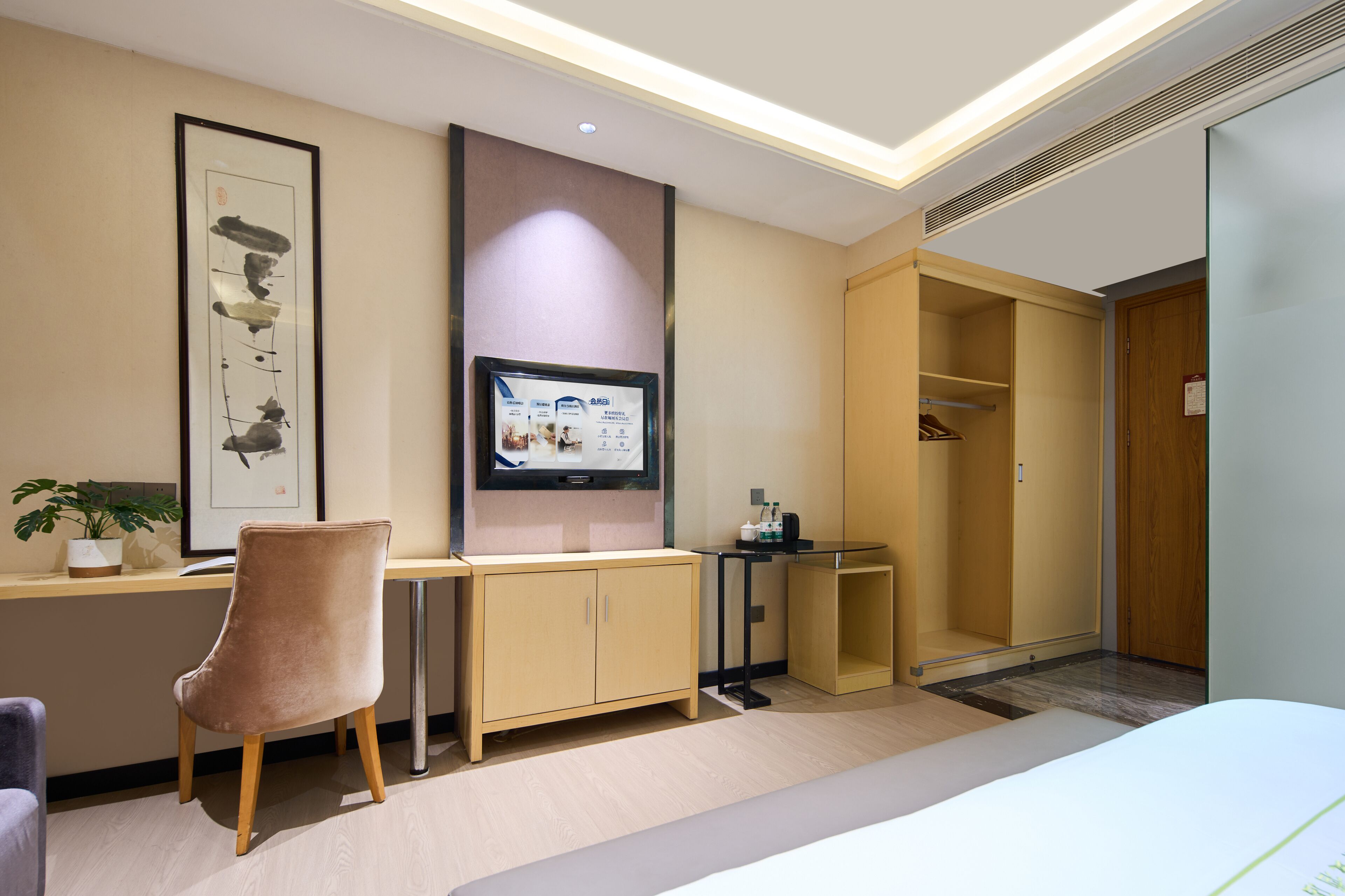 Habitación de hotel con cama, escritorio con silla, televisor, armario y una pequeña mesa con una planta.