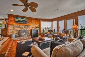 TV, fireplace, table football - 3BR Home w/180° Mountain Views | Hot Tub, Poker Room, Sauna | 5 Min to Ski Resort (Beech Mountain)