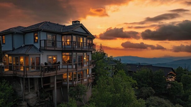 A multi-story house with a balcony, surrounded by trees and mountains in the background. - 3BR Home w/180° Mountain Views | Hot Tub, Poker Room, Sauna | 5 Min to Ski Resort (Beech Mountain)