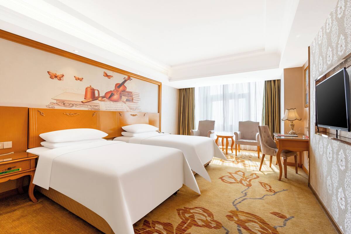 Hotelkamer met twee bedden, een bureau, een stoel, een televisie en een decoratieve wand.