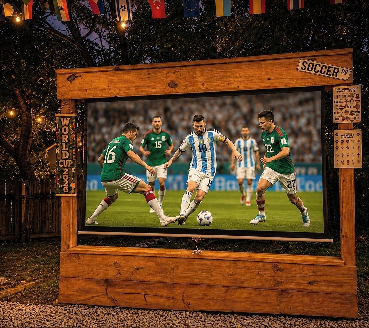 Une image encadrée représentant une scène d’un match de football, avec un cadre en bois, une enseigne indiquant « SOCCER DR » et une banderole annonçant la « COUPE DU MONDE 2026 ».