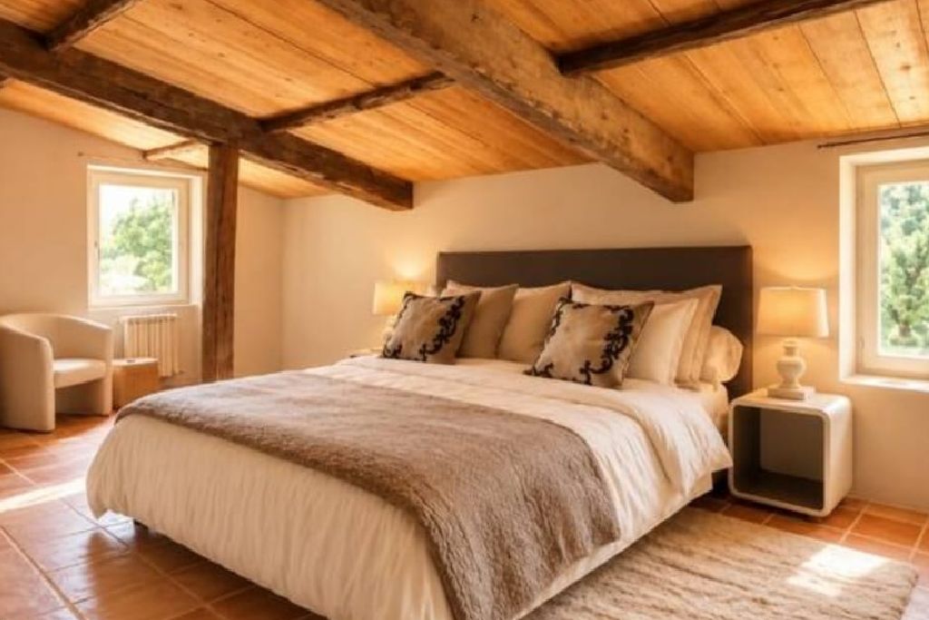 Ein Schlafzimmer mit Holzboden, einem Bett mit dunklem Kopfteil und einem Nachttisch mit Lampe.