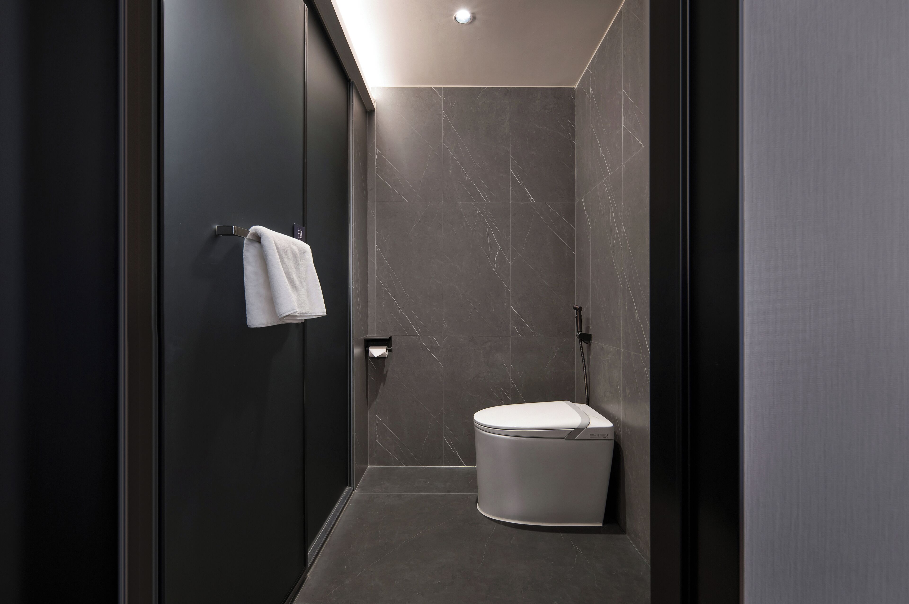 A modern bathroom with a toilet, a towel rack, and a shower area.