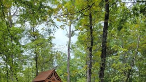 A wooden play structure with a slide and stairs, surrounded by trees. - The Hawthorn on Table Rock Lake, 2 Bed/2 Bath Log Cabin, Pool, Hot Tub & Dock (Shell Knob)