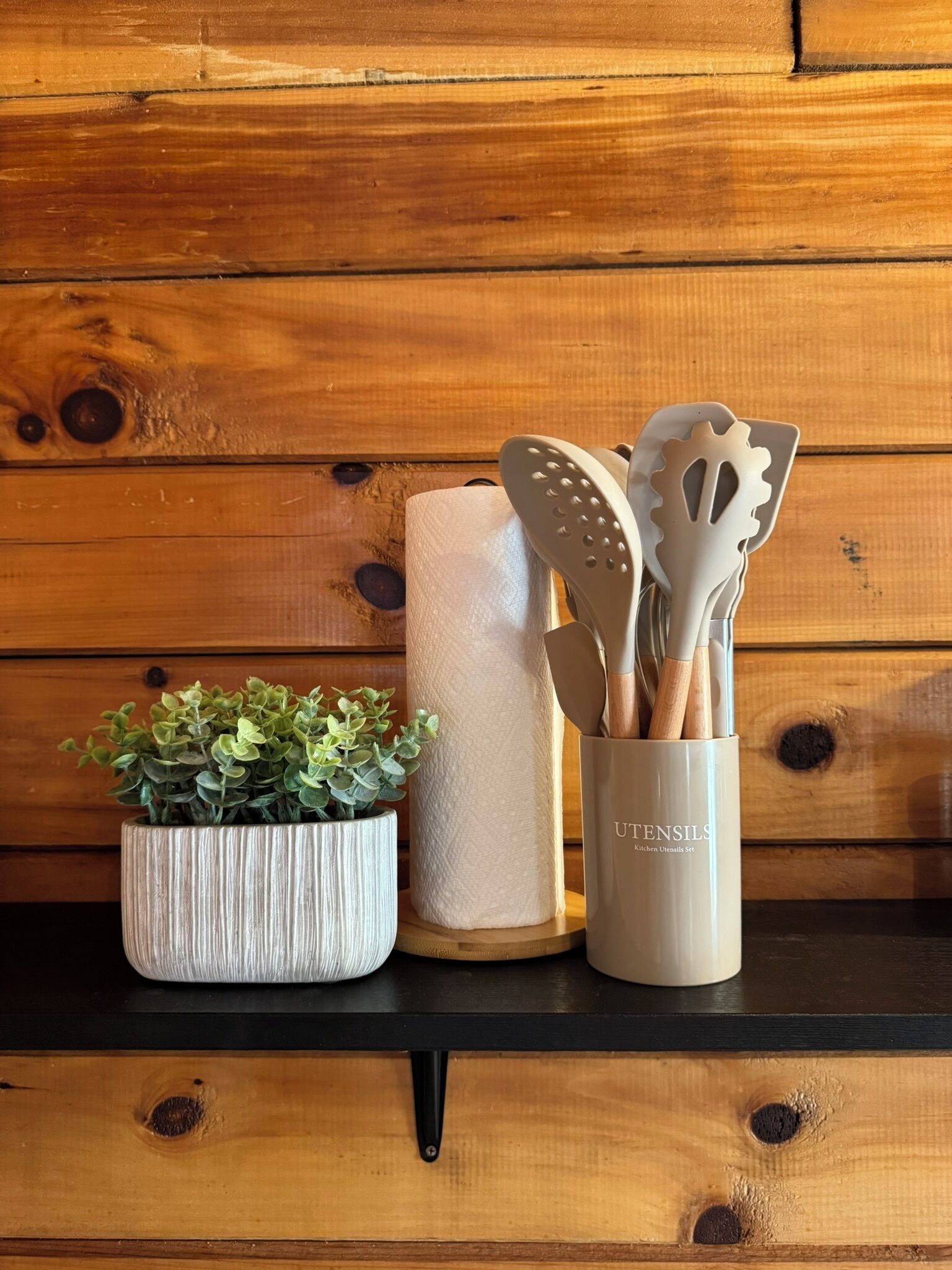 A wooden shelf with a potted plant, a roll of paper towels, and a utensil holder.