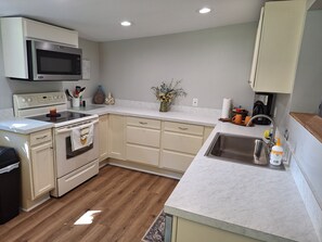 冷蔵庫、電子レンジ、オーブン、コンロ