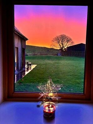 A window with a view of a backyard at sunset, featuring a tree, a grassy area, and a wooden fence. - The Steading Family Friendly Getaway (Peterhead)