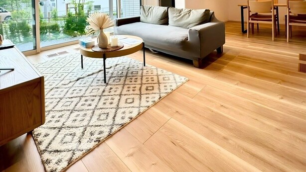 Ein modernes Wohnzimmer mit Sofa, Couchtisch und Essbereich.