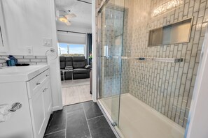 Shower, hair dryer, towels - Sand, Surf & Sunset Skies | Oceanview 1 Bedroom Condo (Myrtle Beach)