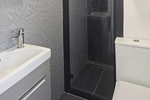 Une salle de bain avec un lavabo blanc, une douche à l’italienne noire et des toilettes blanches.